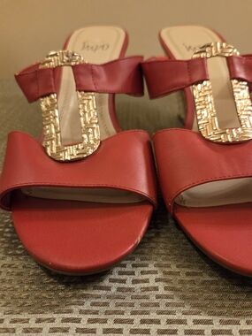 Impo Red Slide Mules with Gold Plaque Accent